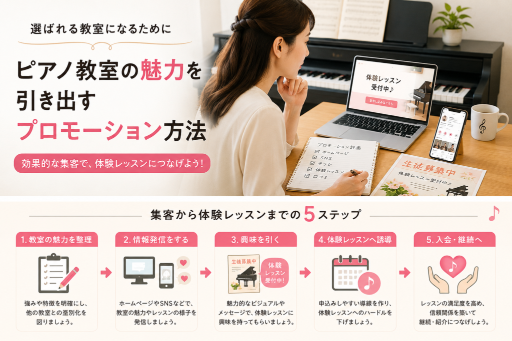 ピアノ教室の集客方法を考える先生と、体験レッスンにつなげる5つのステップ